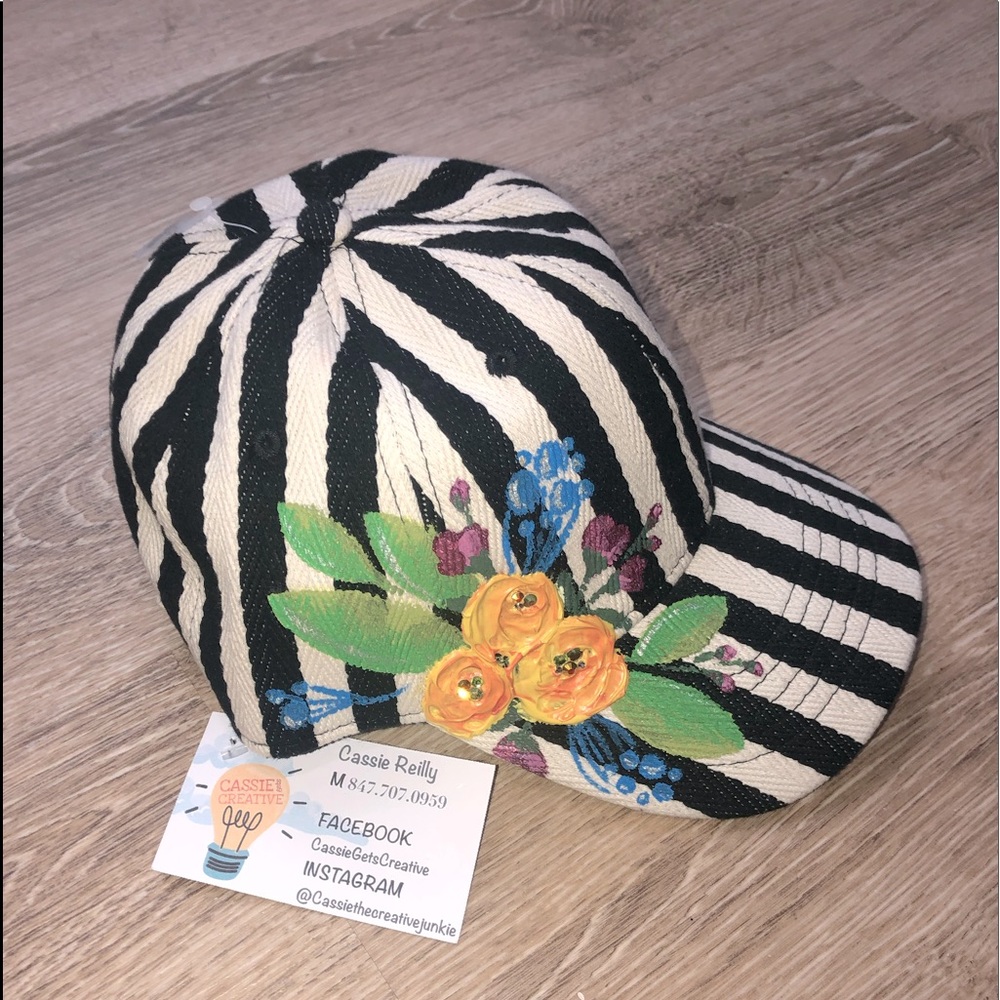 Striped hat with floral painted detail